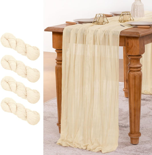 MLMW 4 Pack Beige Table Runner Cheesecloth Boho Gauze Rustic Cheese Cloth Table Runner 160 inch Sheer 13.3ft for Thanksgiving Wedding Party Baby Bridal Shower Birthday