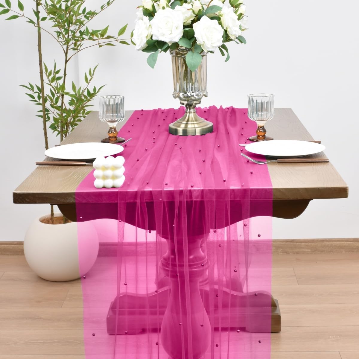 Joanlody Fall Fuschia Pearl Table Runner 10ft Rustic Boho Tulle Table Runner with Pearls for Baby Shower Wedding Party Veil Dessert Thanksgiving Table Decor Hot Pink 4pcs