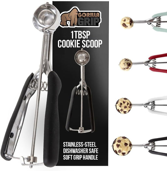 GORILLA GRIP Stainless Steel Cookie Scoop for Baking, 1 TBSP, Multipurpose Melon Baller, Meatball Spring Scoops, Perfect Portion Sizes, Easy Food Release, Scooper Size 60, BPA-Free Kitchen Tool, Black