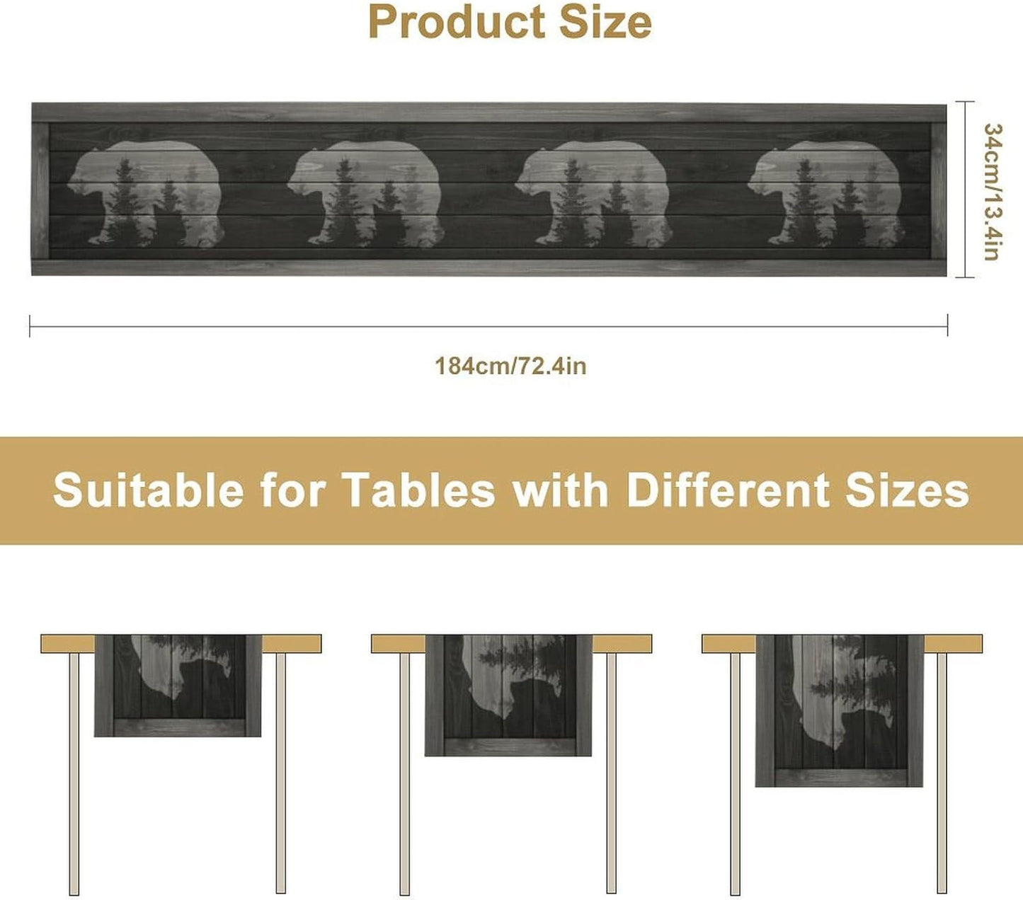 Rustic Country Bear Table Runner, Black Wood Wooden Cabin Wild Animals Hunting Table Cloth for Home Kitchen Dining Table Runner 13x36 Inch