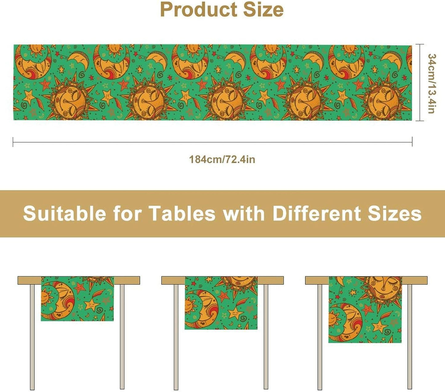 Boho Moon Table Runner, Phase of The Moon Star Sun Cartoon Pattern Table Runner for Kitchen Living Room Home Party 13x108 Inch