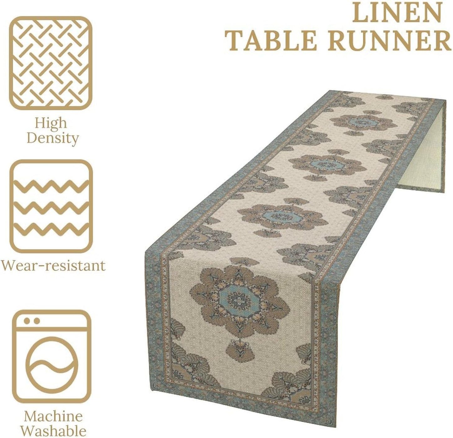 Boho Bohemia Style Table Runner, Vintage Teal Brown Retro Flower Rustic Country Style Floral Print Pattern for Home Kitchen Table Decor Dining Coffee Room Garden Party Decor 13x60in