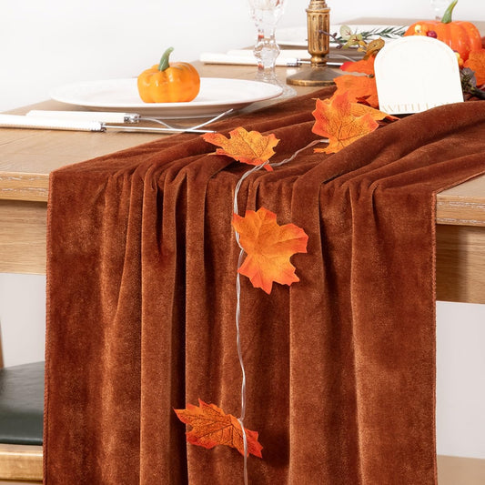 MLMC 2 Pack Terracotta Fall Thanksgiving Table Runner 10ft Luxury Burnt Orange Velvet Table Runner Fall Table Centerpiece 20x120 Inches for Wedding Bridal Shower Birthday Party Home Decor