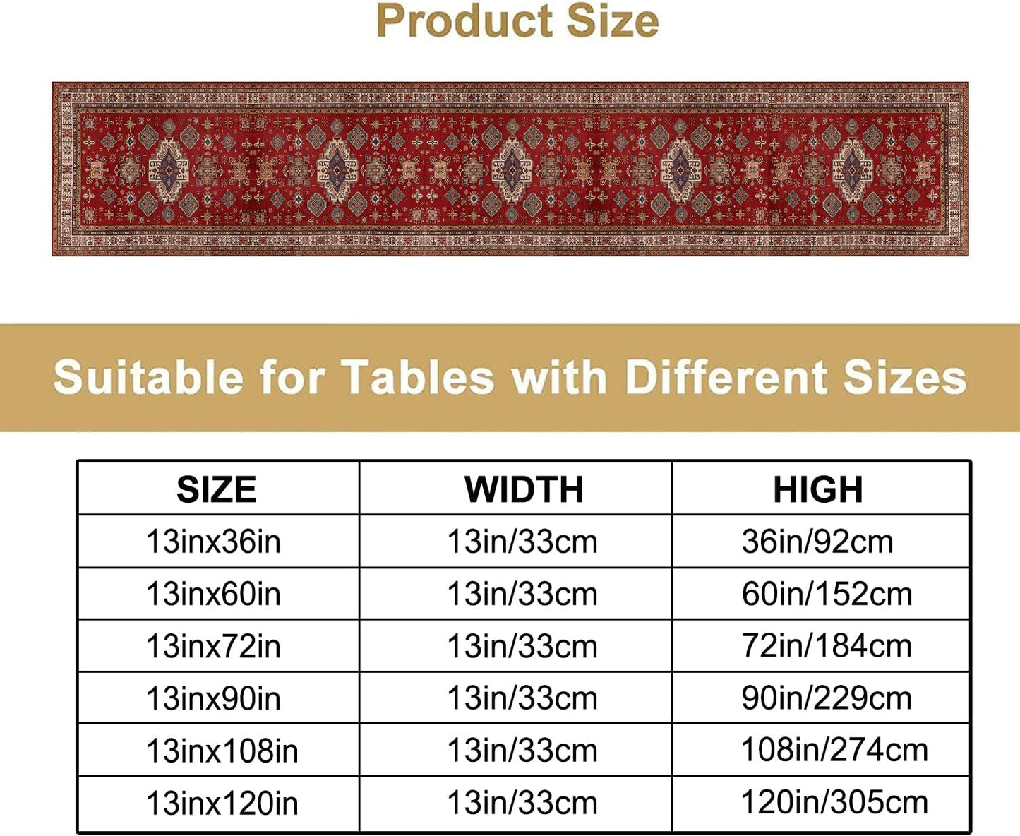 Boho Floral Vintage Table Runner, Retro Red Brown Flower Rustic Country Farmhouse Abstract Pattern for Home Kitchen Table Decor Dining Coffee Room Party Decor 13x36in