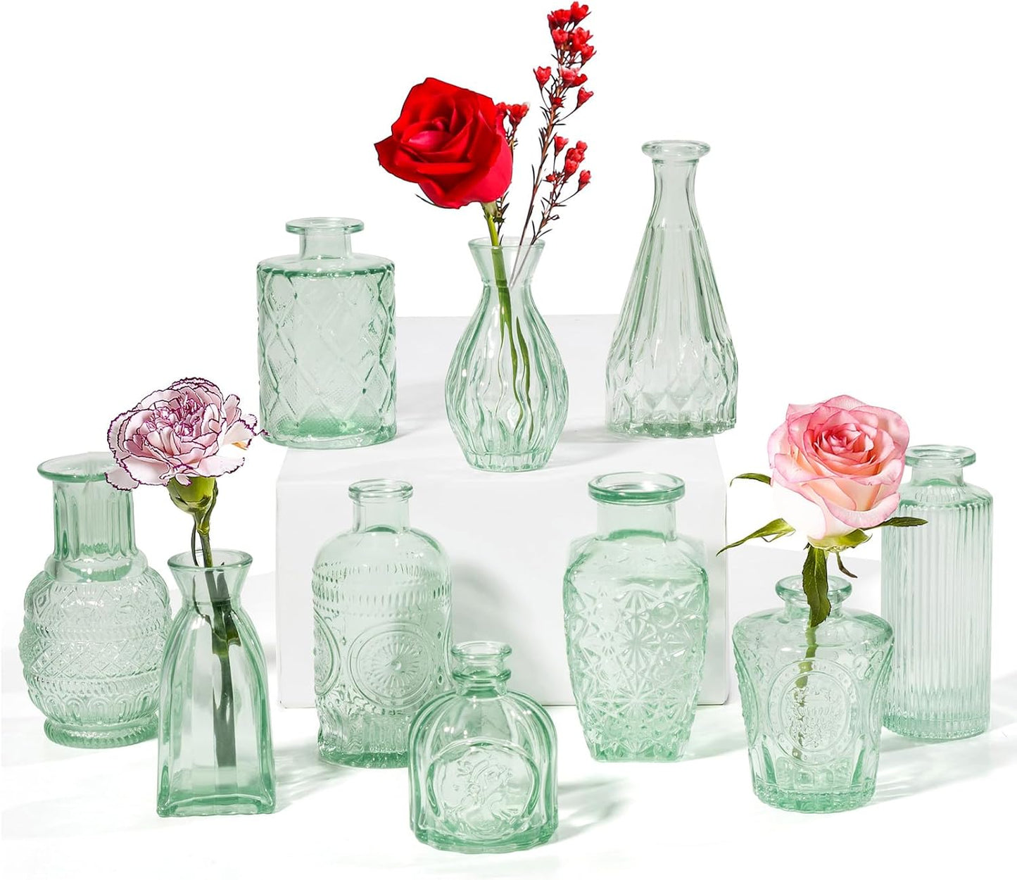 Vintage Small Glass Vases Set of 10,Mini Bud Vases for Flowers,Amber Glass Vases for Centerpieces,Wedding Decorations,Home Table Flower Decor(Sage Green)