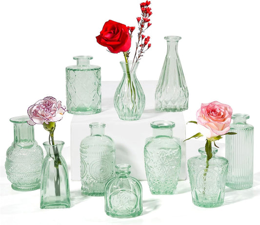 Vintage Small Glass Vases Set of 10,Mini Bud Vases for Flowers,Amber Glass Vases for Centerpieces,Wedding Decorations,Home Table Flower Decor(Sage Green)