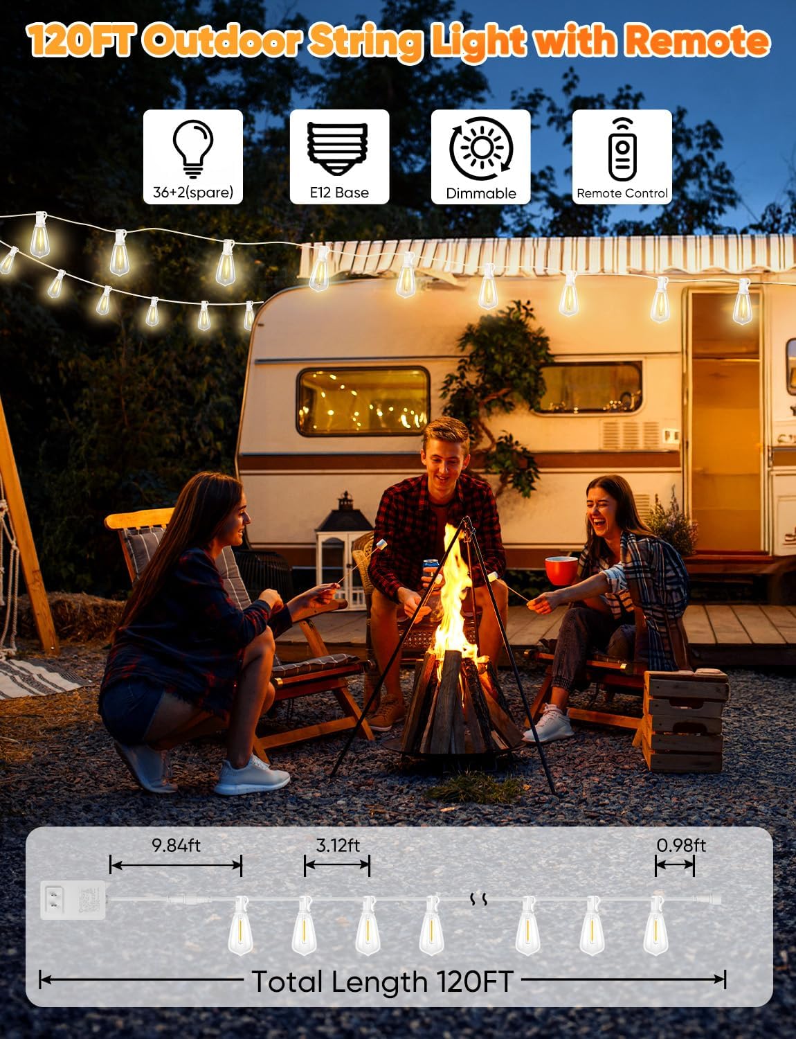 Brightever 120FT LED Outdoor String Lights with Remote, Patio Lights Outdoor Waterproof with 38 Shatterproof Edison Bulbs, Dimmable Outside Hanging Light for Birthday, Party, Christmas Decor, White