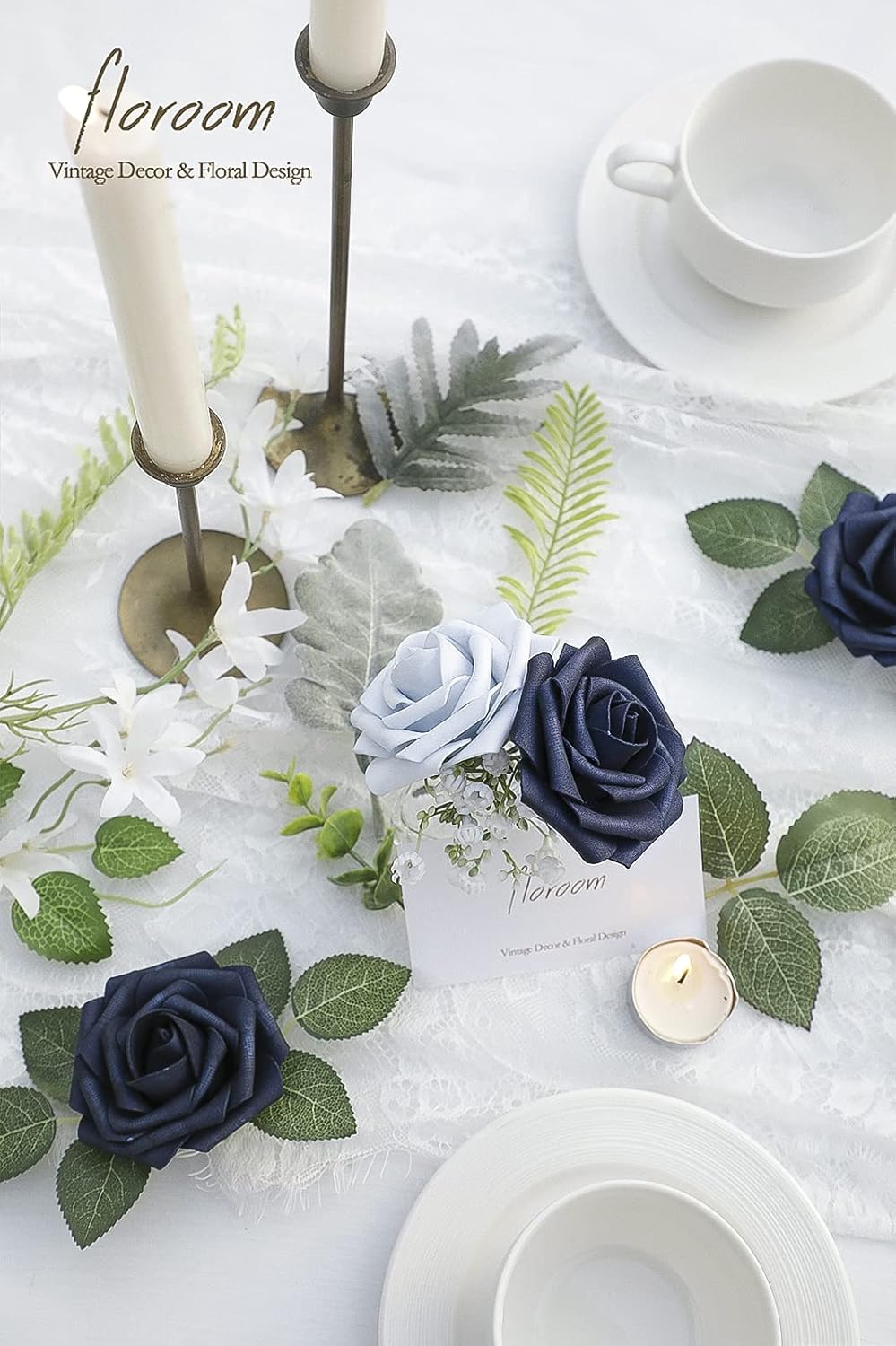 Floroom Artificial Flowers 25pcs Real Looking Navy Blue Foam Fake Roses with Stems for DIY Wedding Bouquets Bridal Shower Centerpieces Party Tables Home Decorations