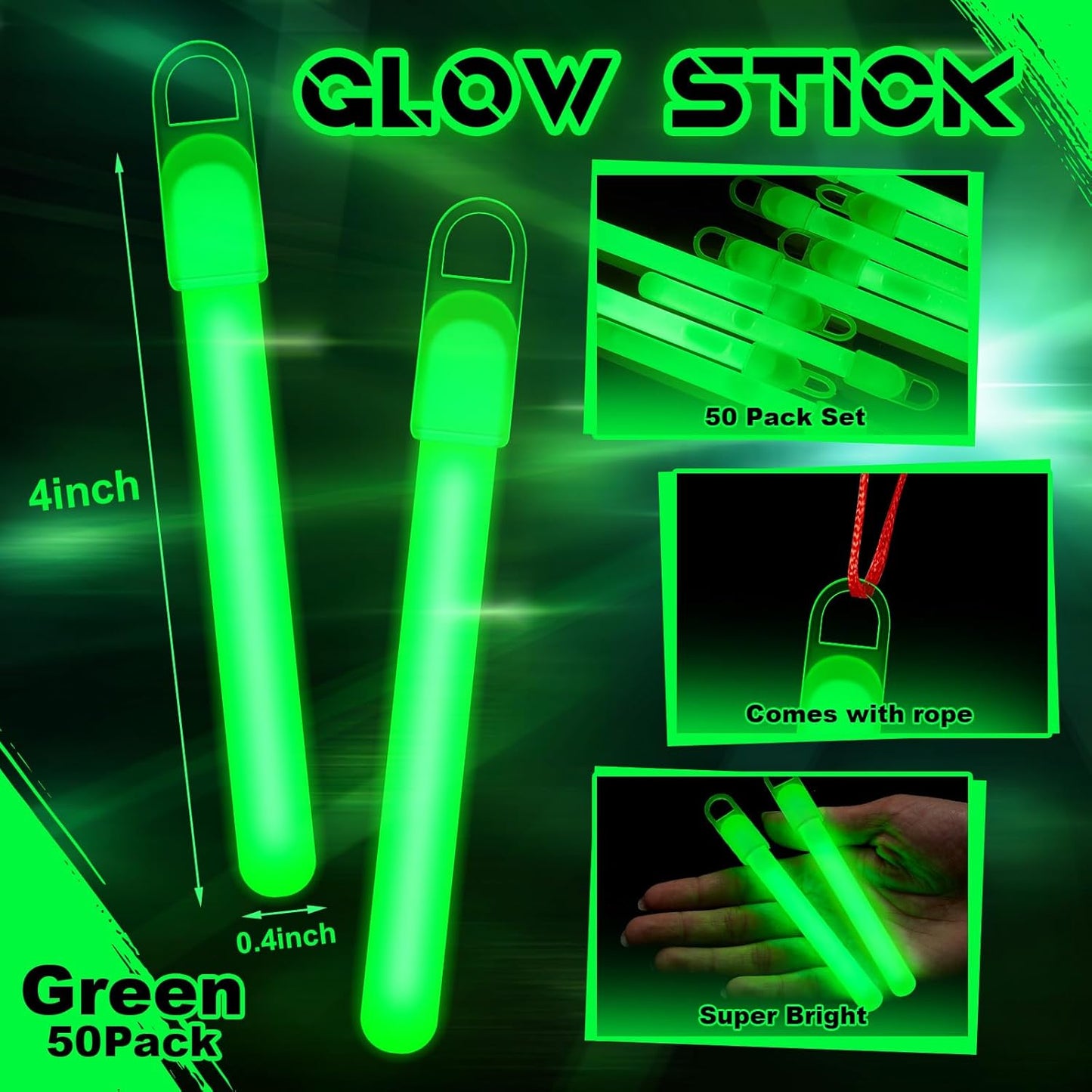 Lewtemi 50 Set 4'' Glow Sticks Bulk, Hallowee Glow in The Dark Party Supplies, Emergency Light Sticks with Lanyard, for Birthday, Light up, Neon, Halloween Theme Party Favors