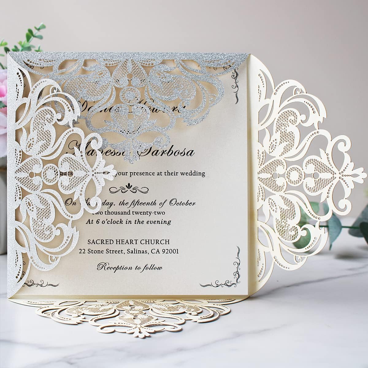 Hosmsua 6.3 x 6.3 Inch 50PCS Silver Glitter Laser Cut Hollow Lace Rose Wedding invitation Cards with Envelopes Wedding invitations for Anniversary Invite (Silver Glitter)