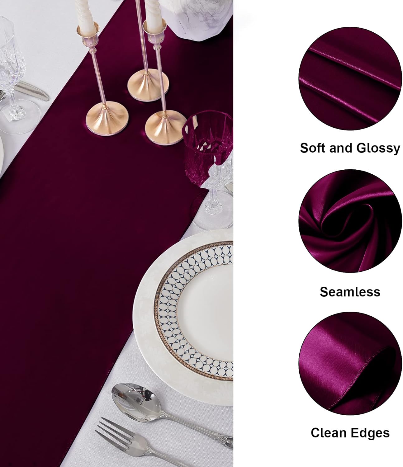 12Pack Table Runner 12 x 108 Inches Satin Silk Table Runner for Wedding, Birthday Party, Banquets, Graduations Decoration, fit Rectange and Round Table-Burgundy