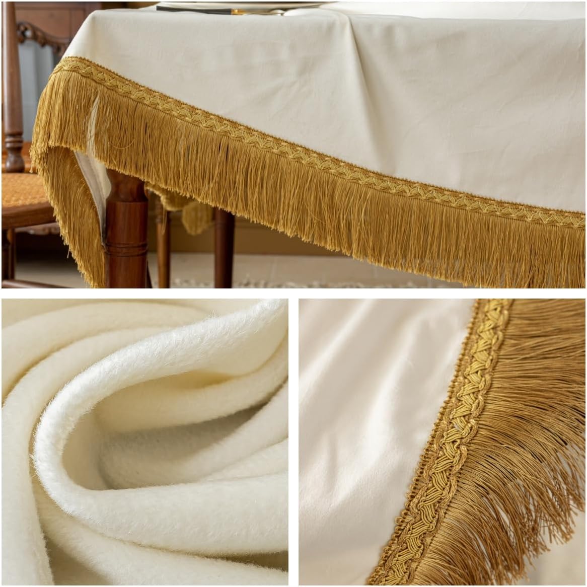 F-CHU White Tablecloth Thickset Velvet Tablecloth with Beautiful Gold Tassels Vintage Table Cloth for Home Decor Wedding, Party, Banquet and Events 48" Round