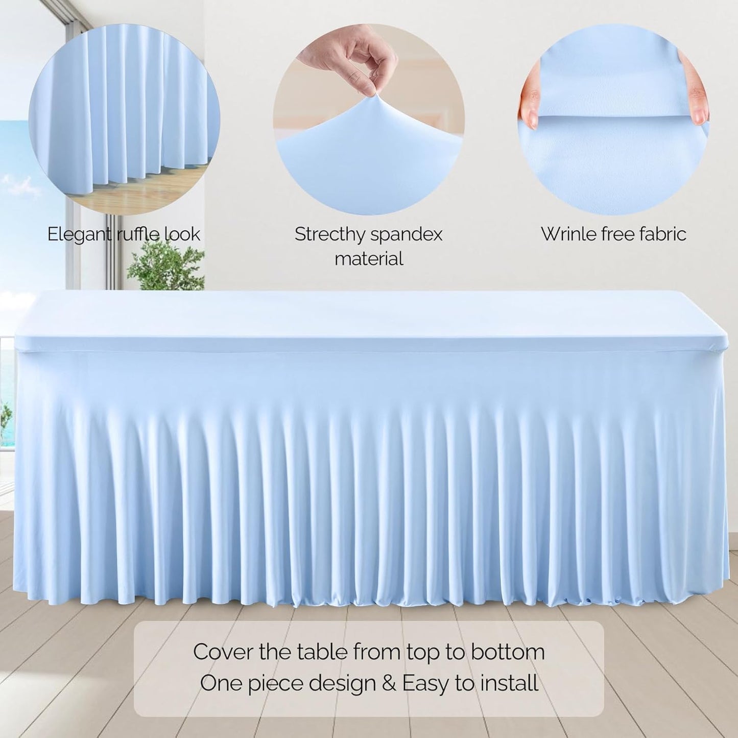 Wish Care 6 Pack Baby Blue Spandex Table Clothes for 6 Foot Rectangle Tables, 6FT Wrinkle Free Fitted Tablecloths Ruffles Design Table Cover for Party, Banquet, Wedding and Events