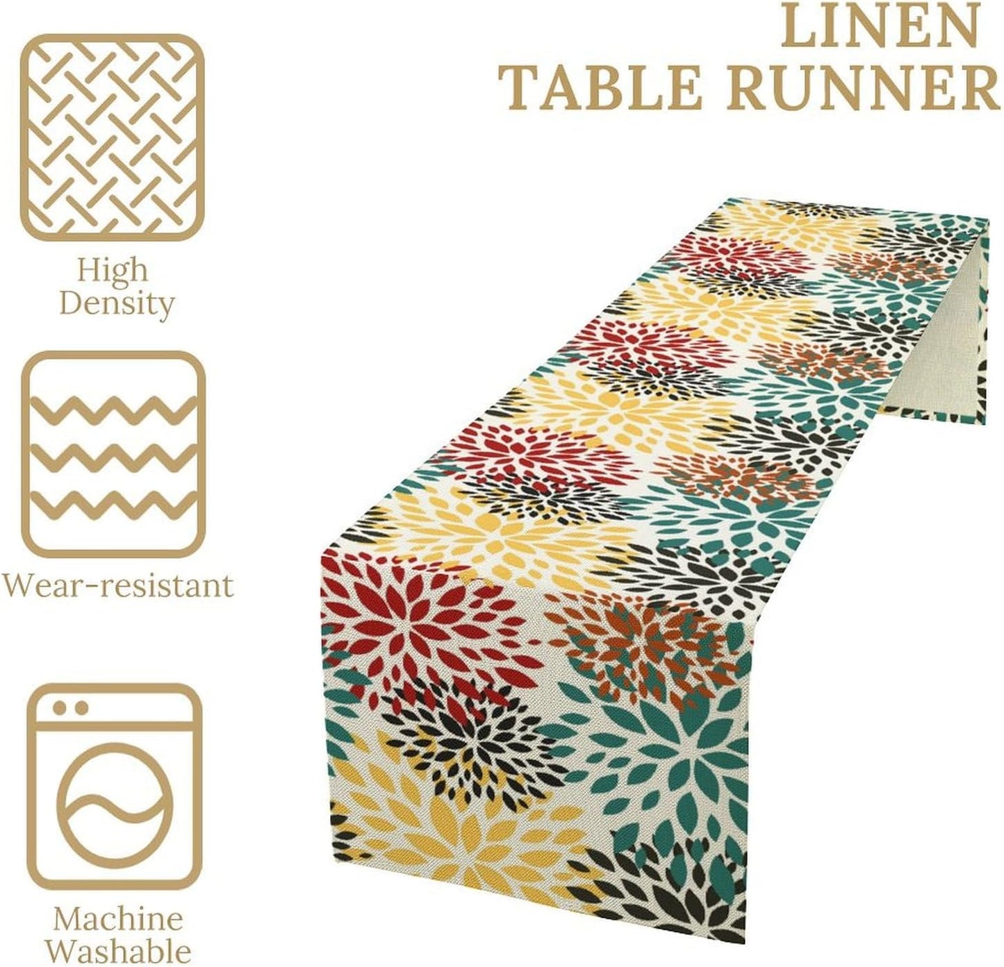 Green Red Dahlia Flower Table Runner Chrysanthemum Geometric Kitchen Dining Bedroom Living Room Table Decor for Indoor Outdoor Home Party, 13x60 Inch