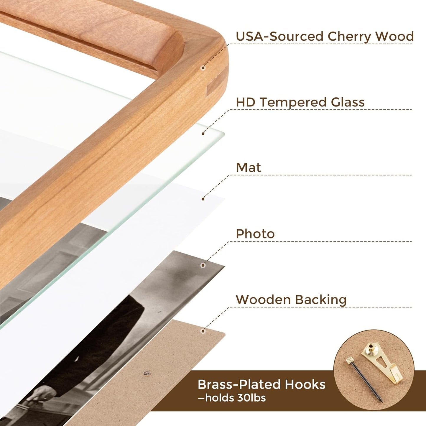 12x16 Picture Frame USA-Sourced Natural Cherry Wood Solid Original Wood Photo Frame Rounded Corner with Mat to 8.5x11 Picture Display with Real Glass Family, Wedding Picture, Photo, Certificate
