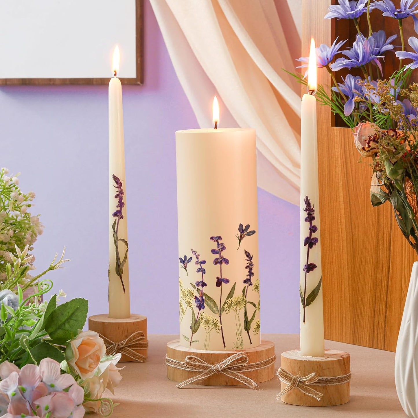 Irenare Unity Candles with Holder for Wedding Ceremony Wedding Decortions Accessories Glass Candle Holder Pillar Candle for Formal Events Church(Flower)