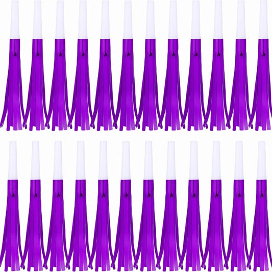 Noise Makers Party Horns, 24 Pack, Purple Metallic Glitter with Fringe, for Birthday, Wedding, New Year