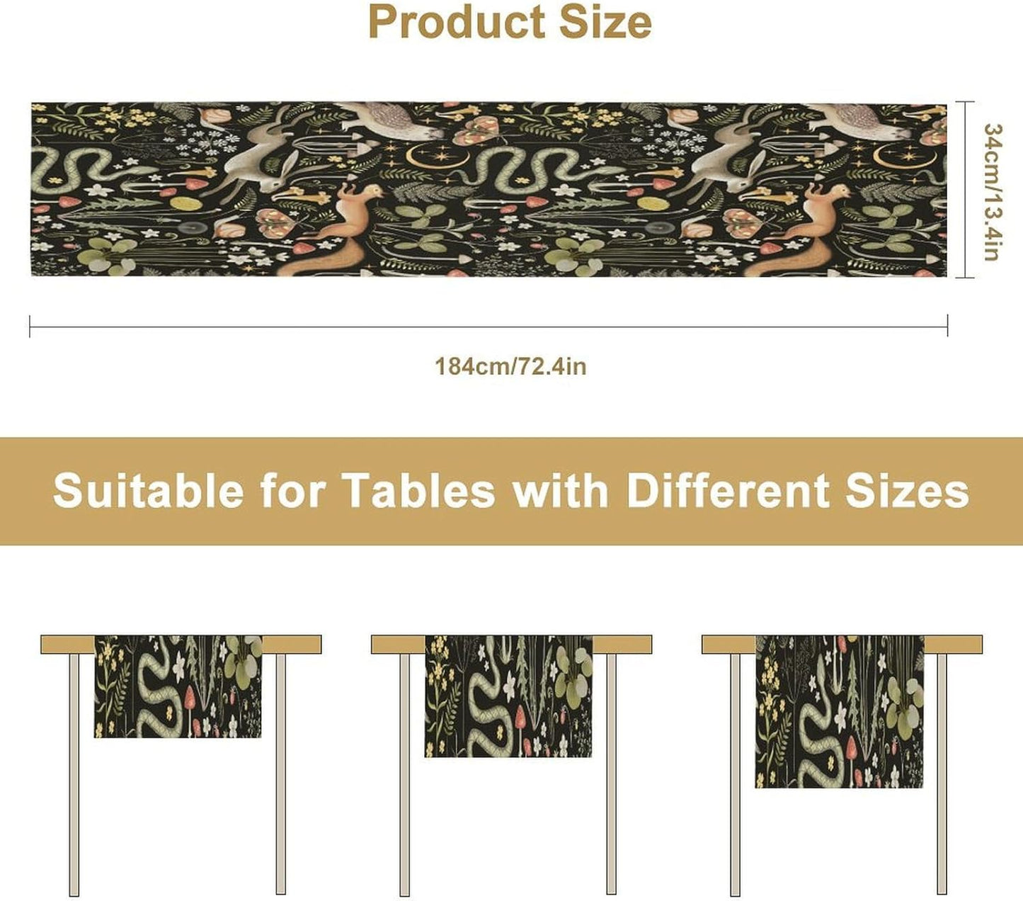Mushroom Table Runner,Vintage Boho Forest Wild Animal Wildflower Botanical Plants Pattern Print Burlap Hotel Indoors Outdoor Dining Room Kitchen Holiday Party, 13x90in