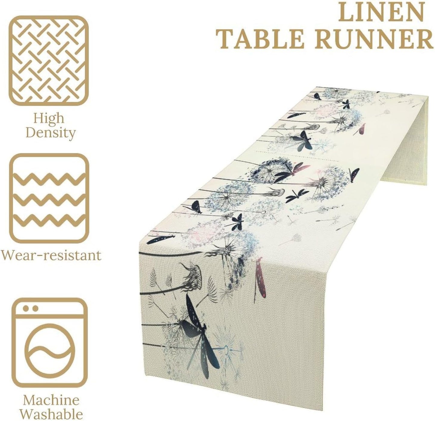 Dandelion Table Runner,Nature Rustic Dragonfly Teal Blue Floral Pattern Print Burlap Tablecloth for Hotel Indoors Outdoor Dining Room Kitchen Table Decor, 13x108in