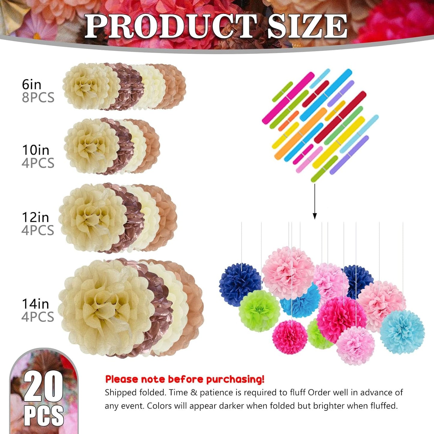 Tissue Paper Pom Poms, Ivory Khaki Rose Gold Nude Pink Tissue Paper Flowers, Hanging Flower Balls for Weddings Fiesta Parties Birthday Baby Showers Classroom Decoration (20Piece Set-6/10/12/14Inch)