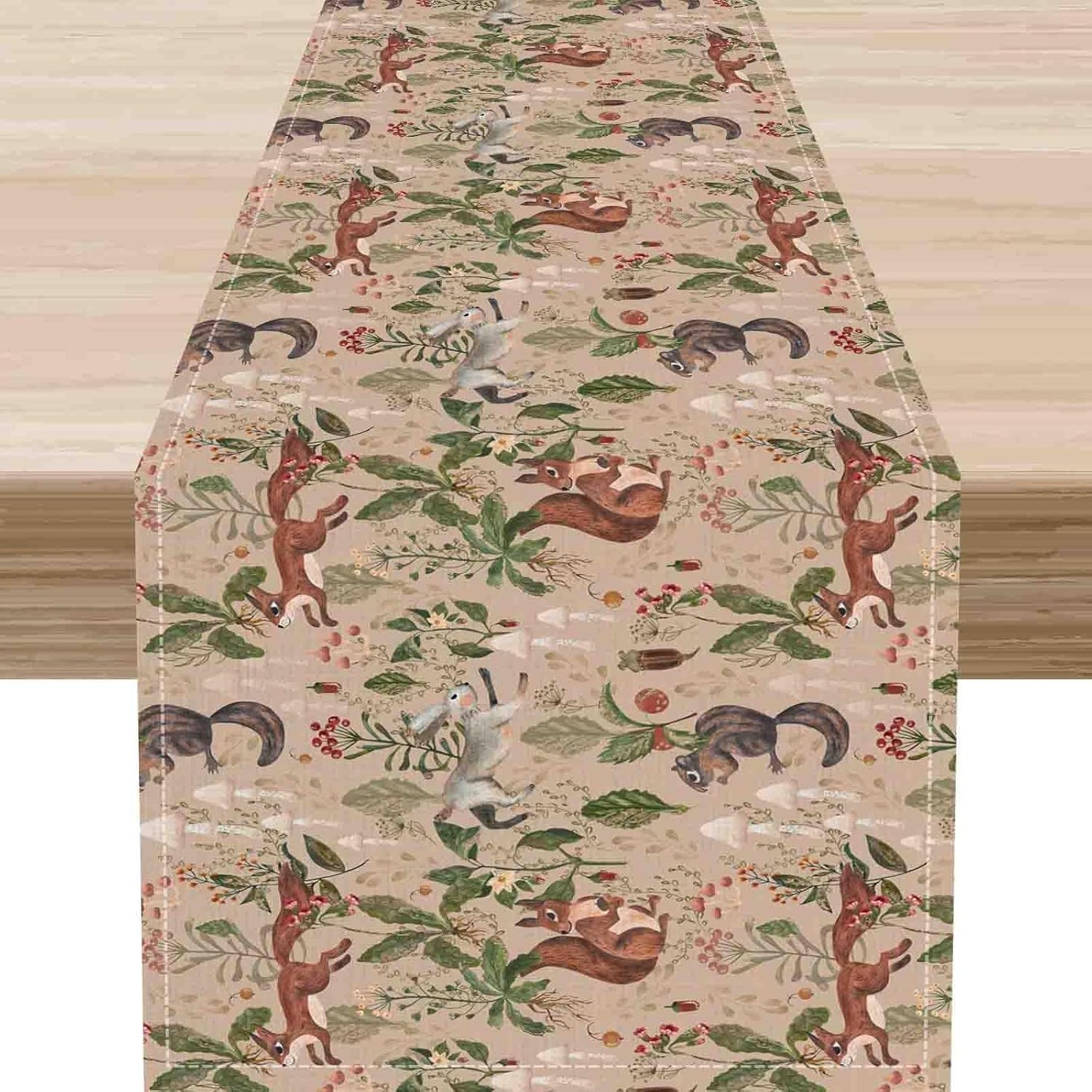 Rustic Forest Table Runner, Farmhouse Wild Woodland Animals Country Deer Fox Rabbits Watercolor Table Center Decor for Home Kitchen Dining Patio Holiday Party Outdoor Table Decorations, 13"x36" Inch