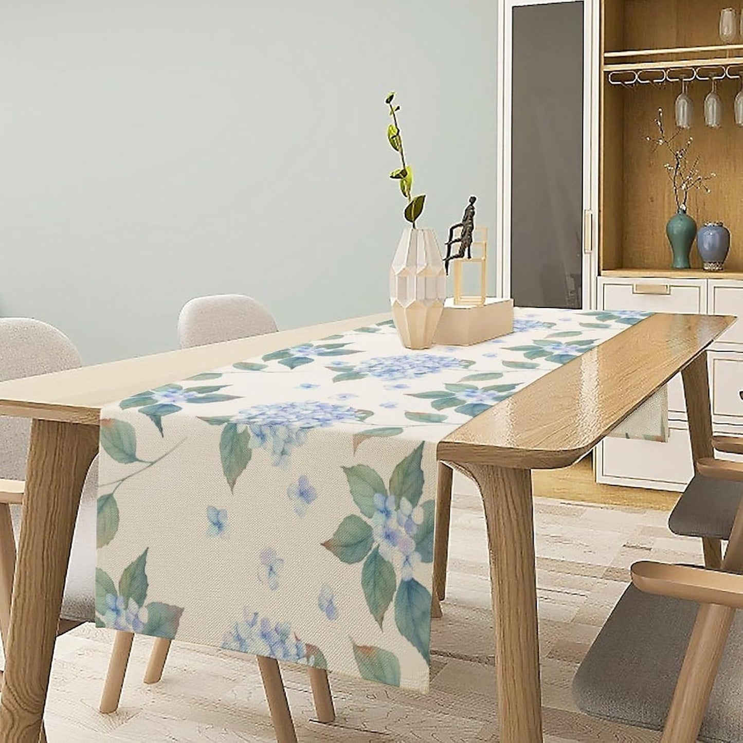 Spring Hydrangea Flower Table Runner, Seasonal Summer Plants Watercolor Blue Florals Dinner Runner for Home Kitchen Dining Table Party Holiday Decoration 13"x108"