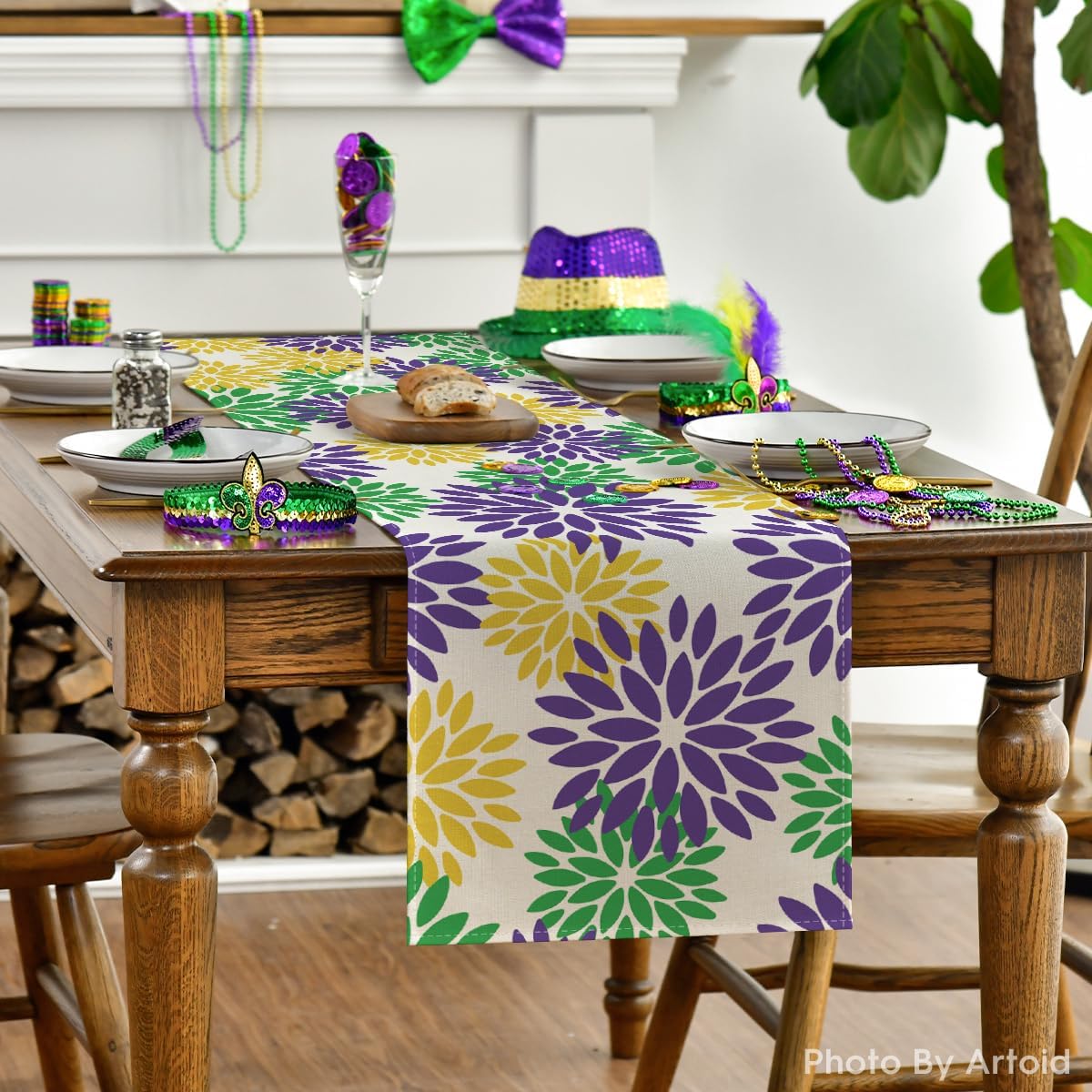 Artoid Mode Purple Dahlia Floral Pinnata Mardi Gras Table Runner, Carnival Seasonal Kitchen Dining Table Decoration for Home Party Decor 13x72 Inch