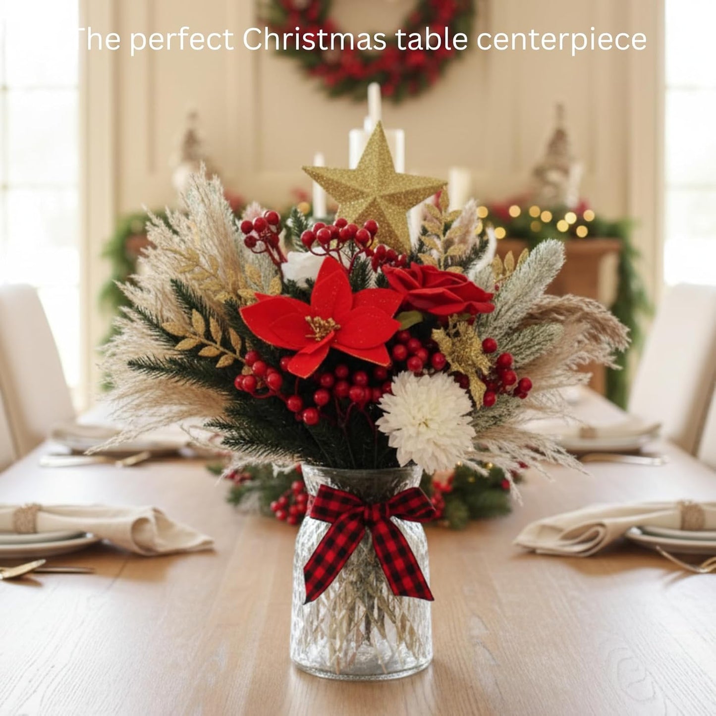 Christmas Centerpieces for Tables, Holiday Table Decor, 100pcs Christmas Floral Arrangements in Vase, Xmas Decorations for Coffee Kitchen Dining Table, Artificial Poinsettia Red Berry Pine Branches