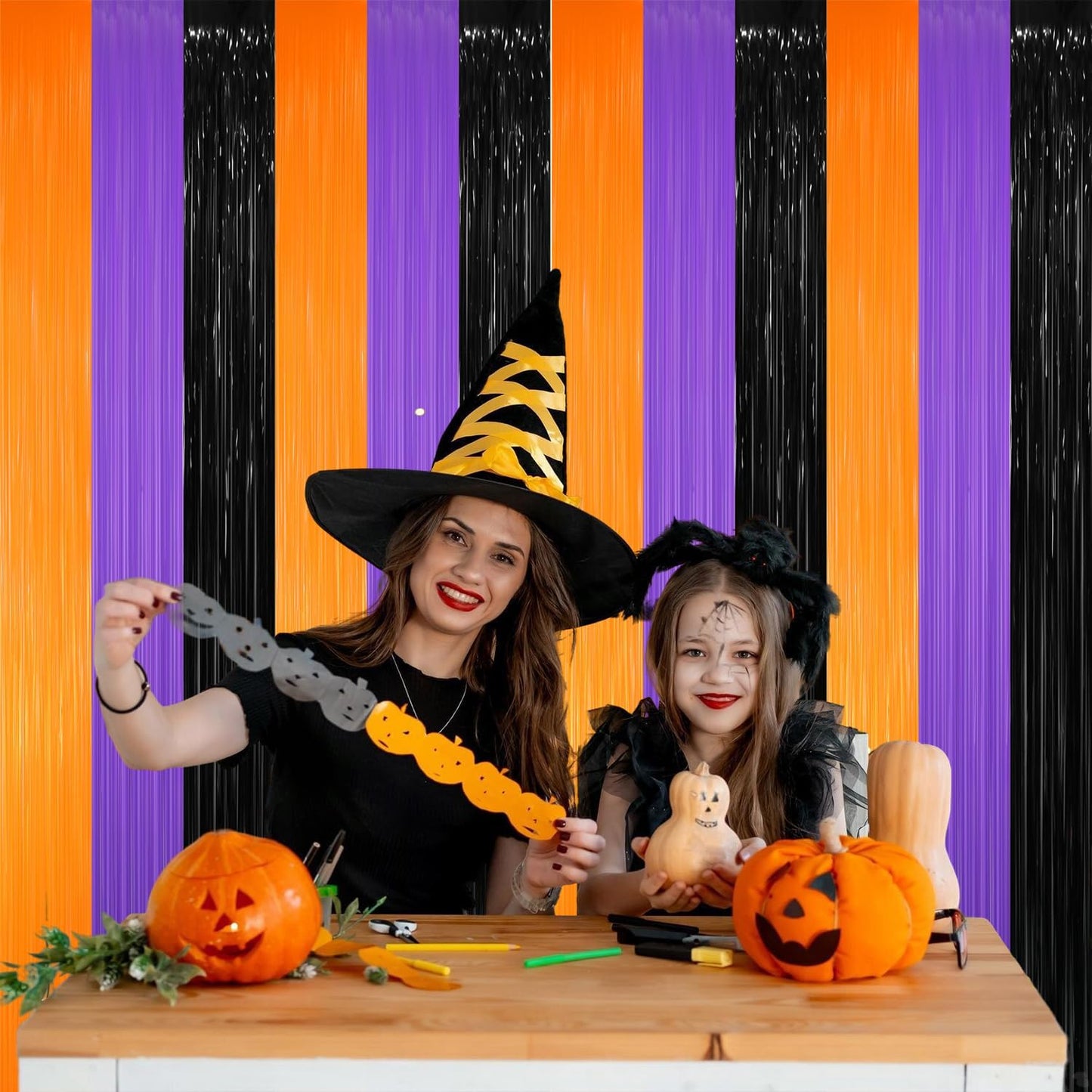 GOER 3.2 ft x 8.2 ft Metallic Tinsel Foil Fringe Party Backdrop for Halloween Birthday Graduation New Year's Party Decorations(5 Packs,Black&Orange&Purple)