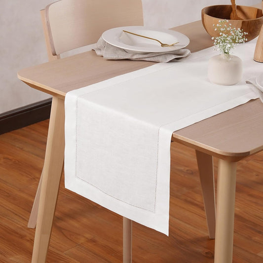 Linen Table Runner 90 inches Long – Hemstitch 100% Pure Linen White Dining Table Runner 14 x 90 Inch for Spring, Summer, Wedding Decorations, Gift – Elara