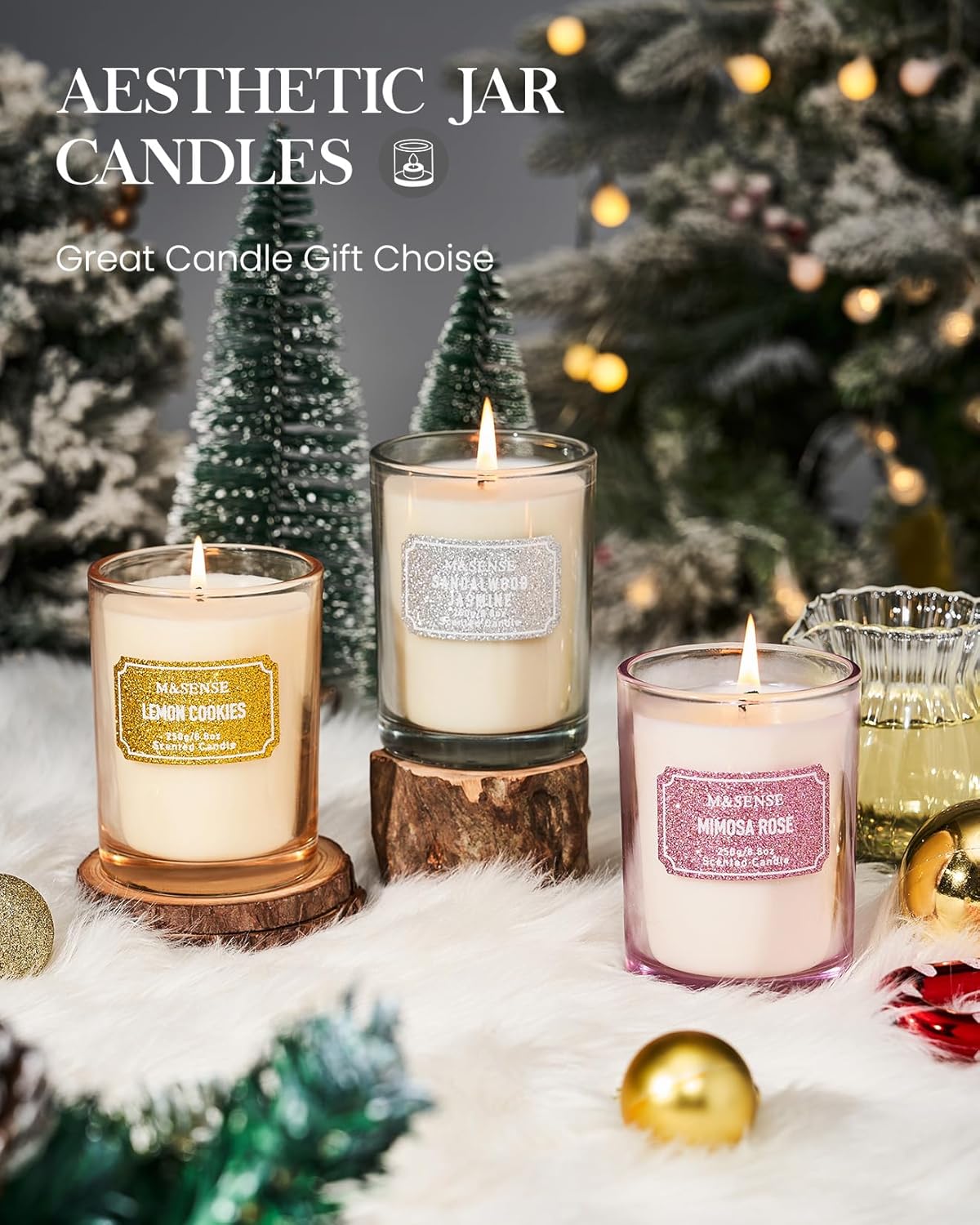 M&SENSE Sandalwood Jasmine Scented Candles, Classic Size 8.8 oz Glitter Jar, Holiday Natural Candles Gifts for Women, 50 Hours Long Burning for Winter Home Decor