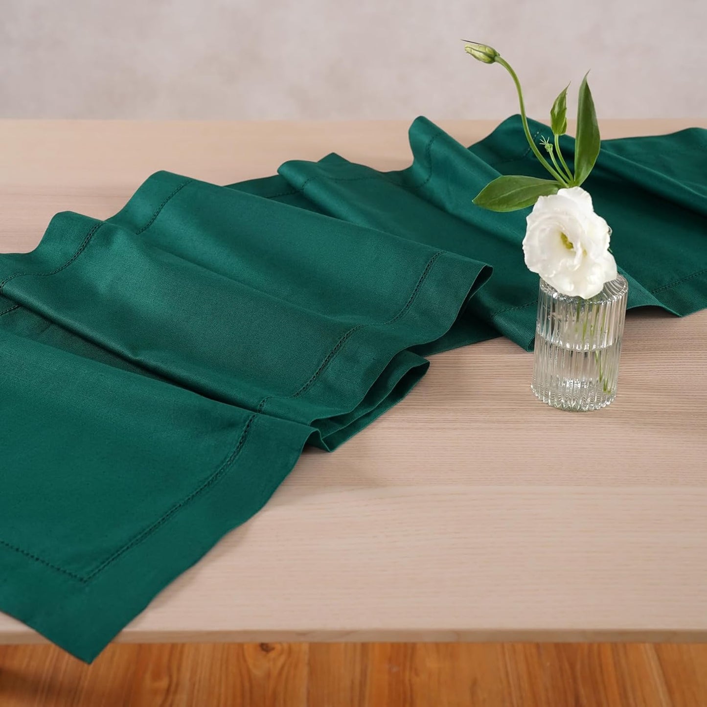 Green Table Runner 36 Inch – Cotton Linen Hemstitch Farmhouse Table Runner 14x36 – Washable Fabric for Dining Table, Spring, Summer, Christmas, Wedding, Everyday Décor – Serena
