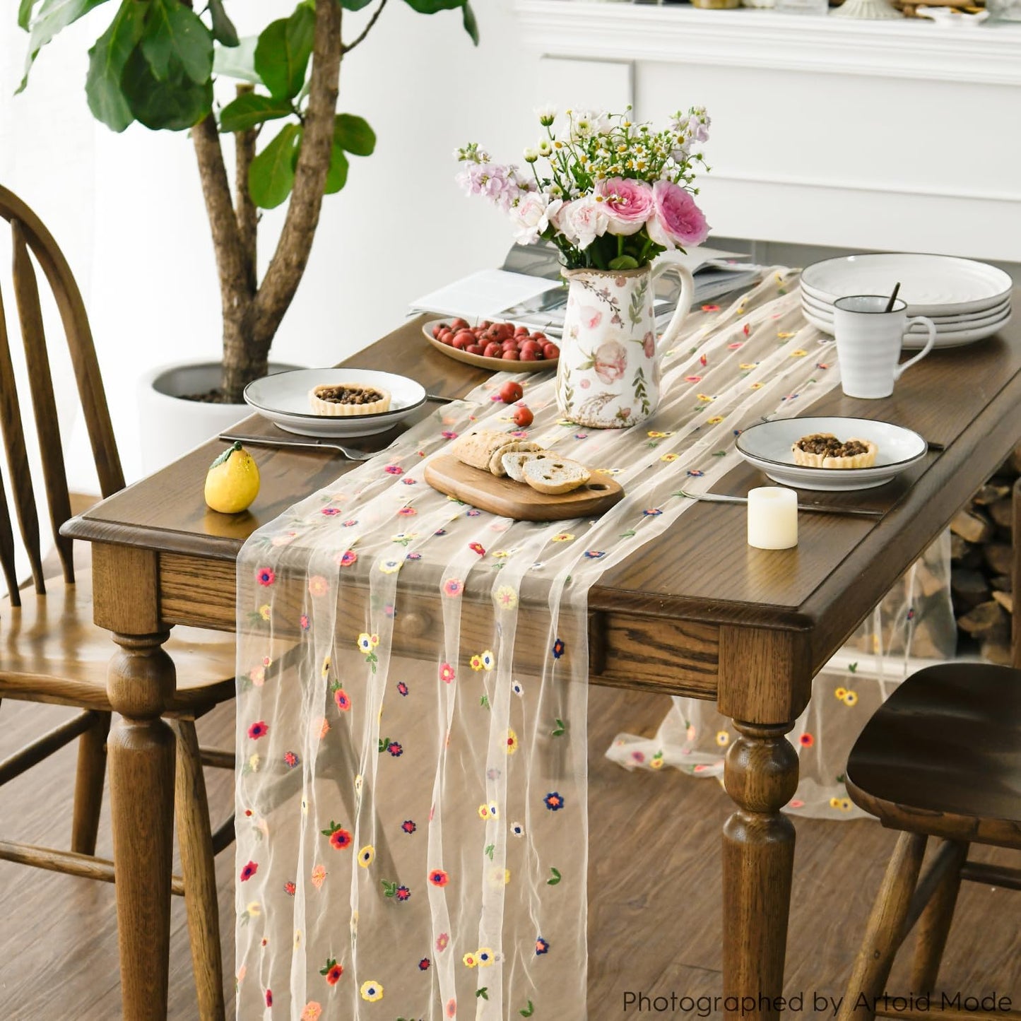 Artoid Mode 3PCS Champagne Embroidery Daisy Gauze Table Runner 120 Inch 10FT, Seasonal Sheer Kitchen Dining Holiday Wedding Birthday Table Decor for Home Party
