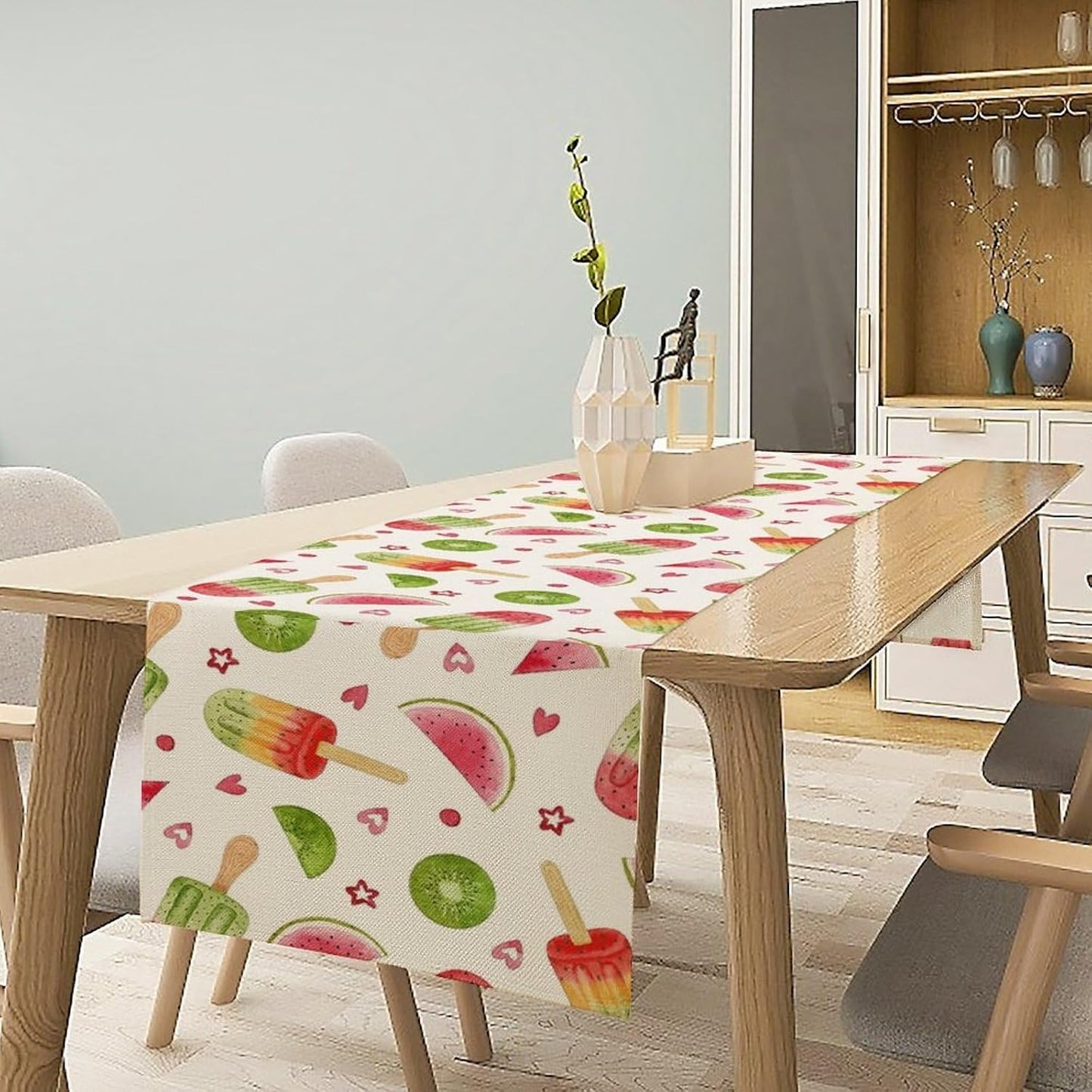 Summer Popsicles Table Runner, Colorful Watercolor Ice Cream Loves Heart Seasonal Dinner Runner for Party Holiday Home Kitchen Dining Table Decor 13"x120"