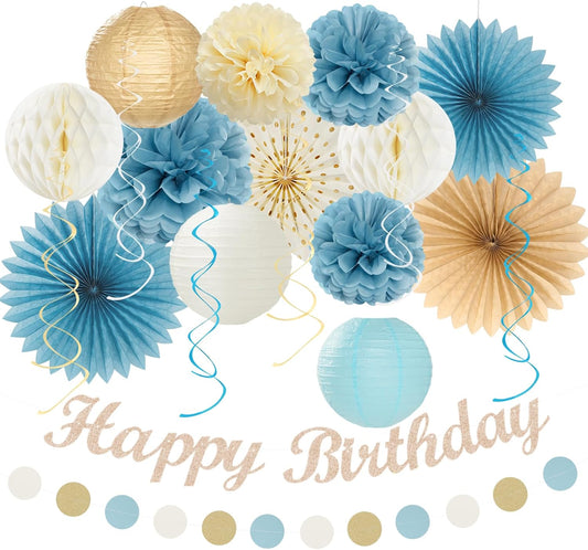 Light-Dusty Blue Beige-Champagne Women Birthday-Decorations - 21pcs Boho Neutral Happy Banner Garland,Paper Streamers Lanterns,Flower Tissue Pom Poms Fan Supplies,Wall Backdrop Party Decor Huglony