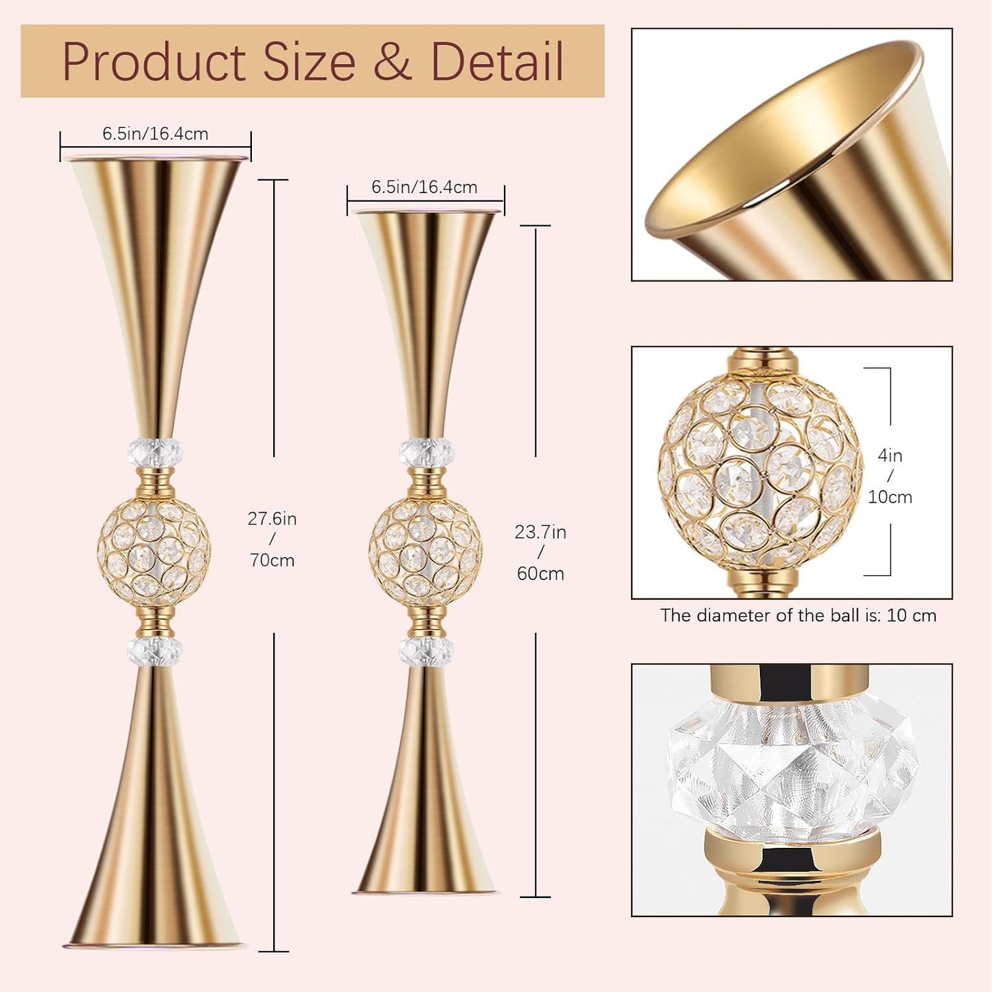VIJIV Gold Tall Crystal Flower Vases for Centerpiece - 28'' Large Trumpet Vase for Bouquet Skinny Decorative, Table/Floor Vase Flower Stand for Party Event, Dining Table Décor, Bridal Shower, Wedding