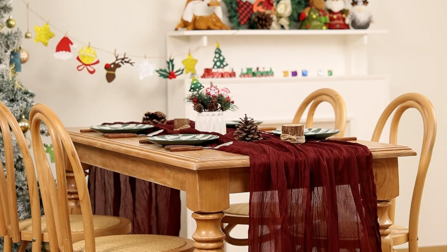 MLMW Christmas Table Runner Cheesecloth Burgundy Boho Cheese Cloth 160 inch Gauze Rustic Sheer Table Runner 13.3ft for Party Wedding Baby Bridal Shower Birthday