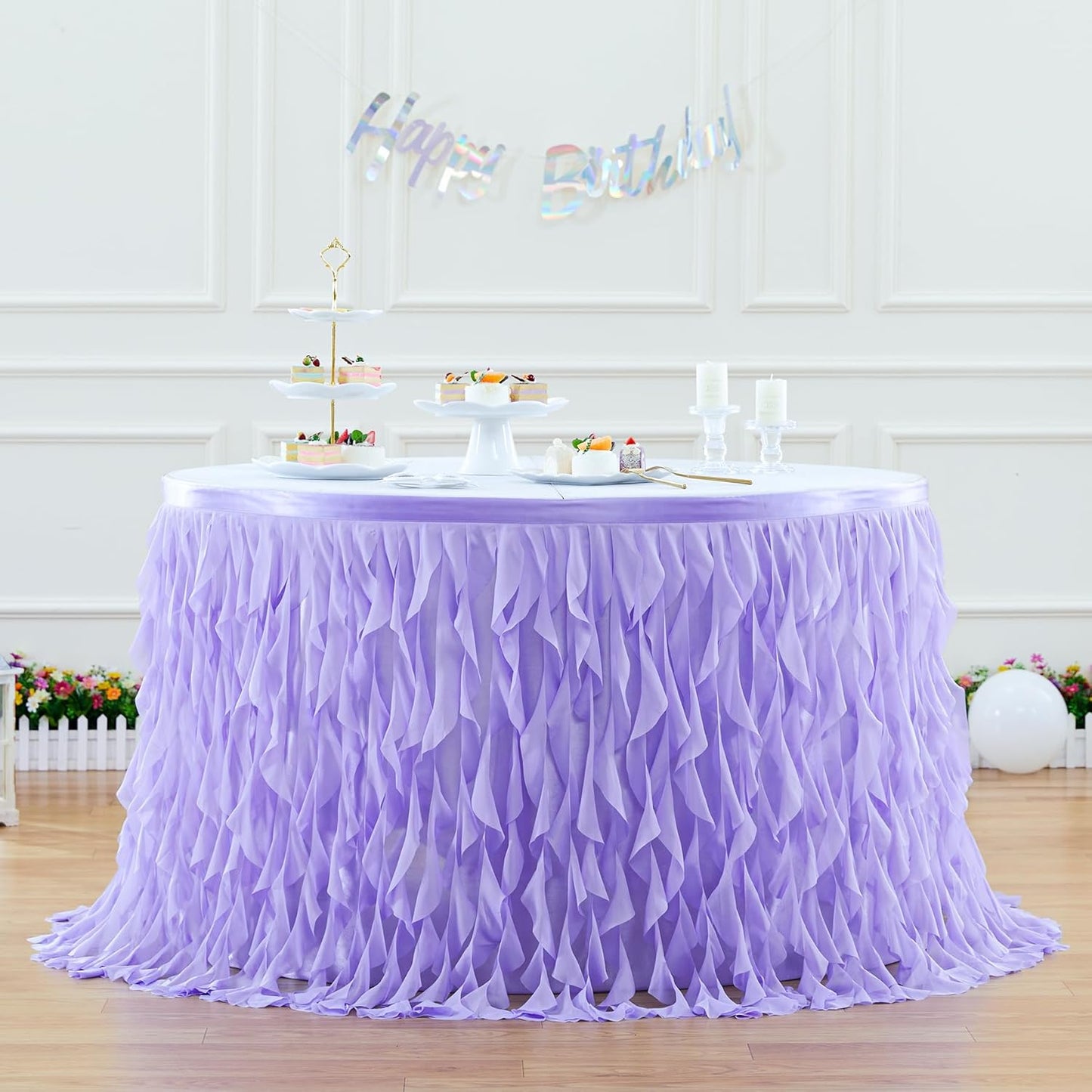 PARTISKY Lavender Purple Tulle Curly Willow Table Skirt for Rectangle Table 17ft, Ruffle Tutu Table Cloth for Girls Boys Baby Shower,Mermaid Birthday Party