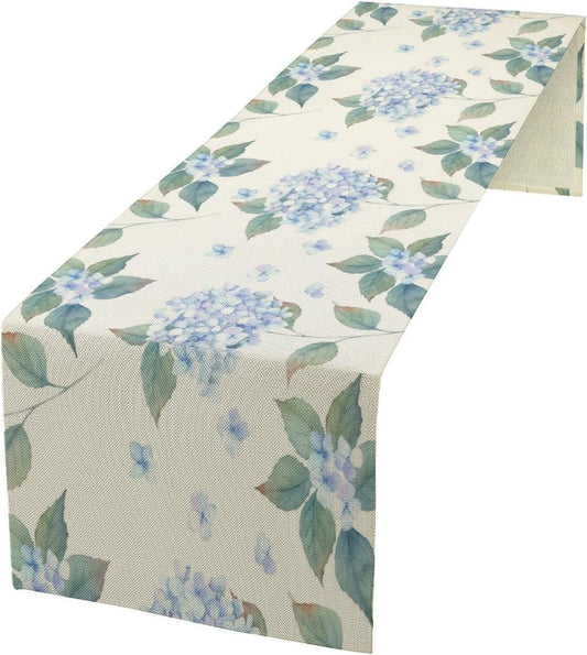 Spring Hydrangea Flower Table Runner, Seasonal Summer Plants Watercolor Blue Florals Dinner Runner for Home Kitchen Dining Table Party Holiday Decoration 13"x36"