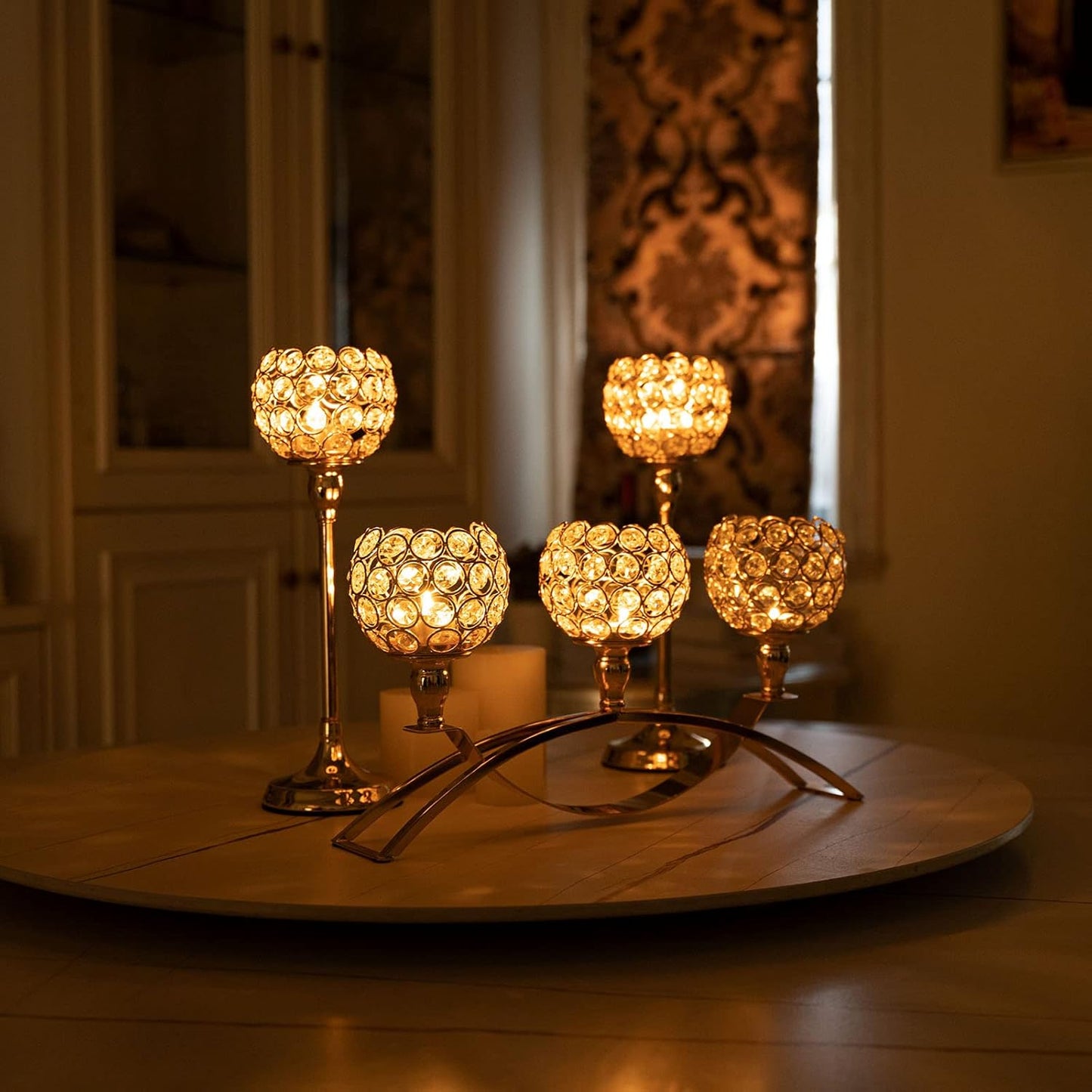 Vincigant Gold Crystal Candle Holders Set of 8 with 4Sets Crystal Candelabra 3 Arm Candlesticks Holder Table Centerpiece,Candelabra Centerpieces for Wedding Party Anniversary Home Living Room Decor