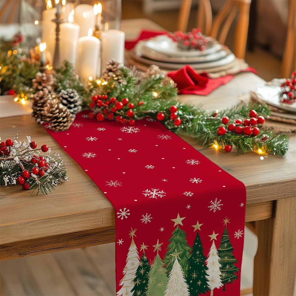 GEEORY Christmas Table Runner 13x48 Inch, Xmas Trees Snowflakes Holiday Decorative Farmhouse Table Decoration for Kitchen Dinning, Indoor Outdoor Dinner Party Decor (Red) GT150-48