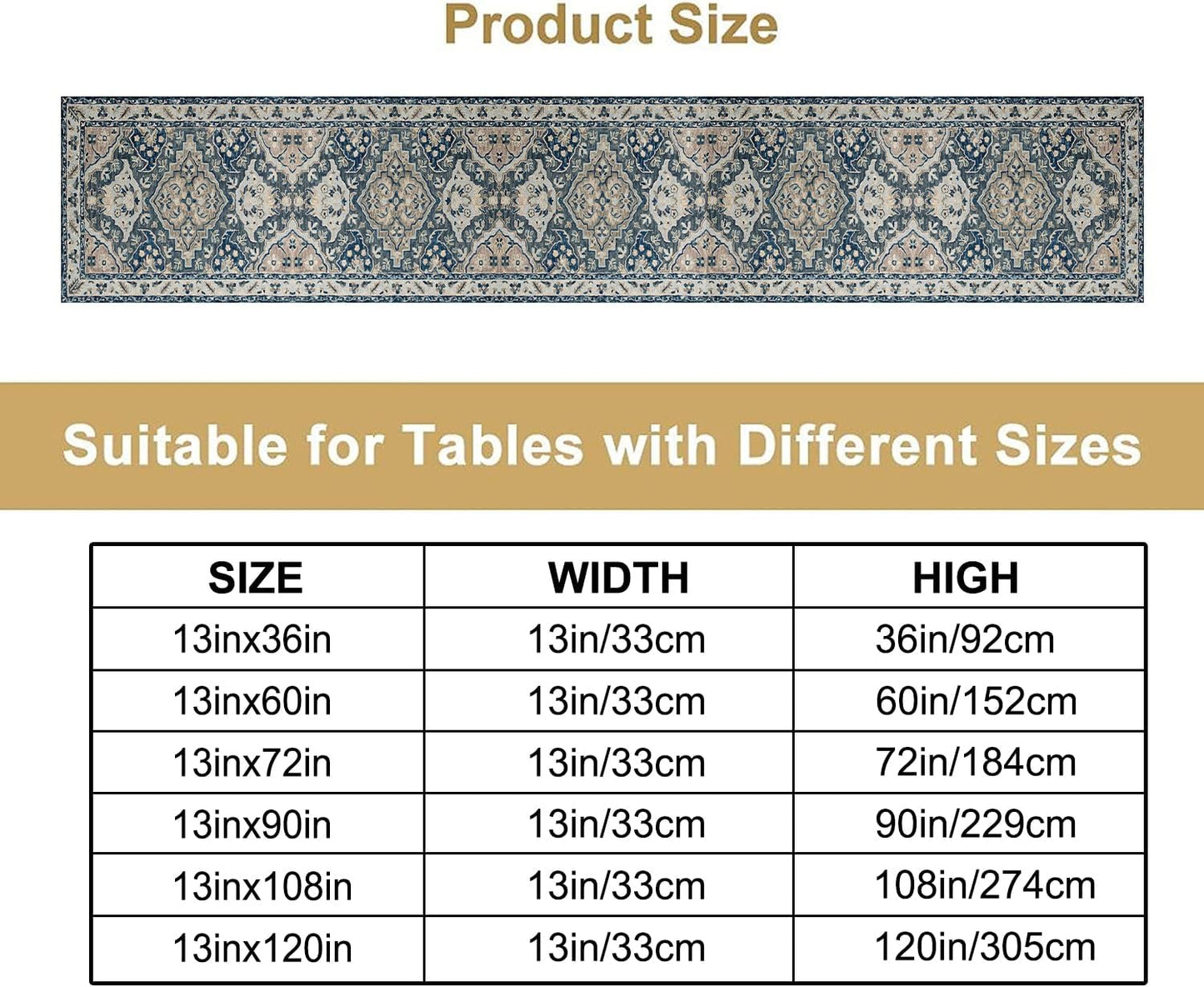 Vintage Boho Floral Table Runner, Rustic Country Farmhouse Blue Grey Retro Flower Pattern for Home Kitchen Table Decor Dining Coffee Room Party Decor 13x120in