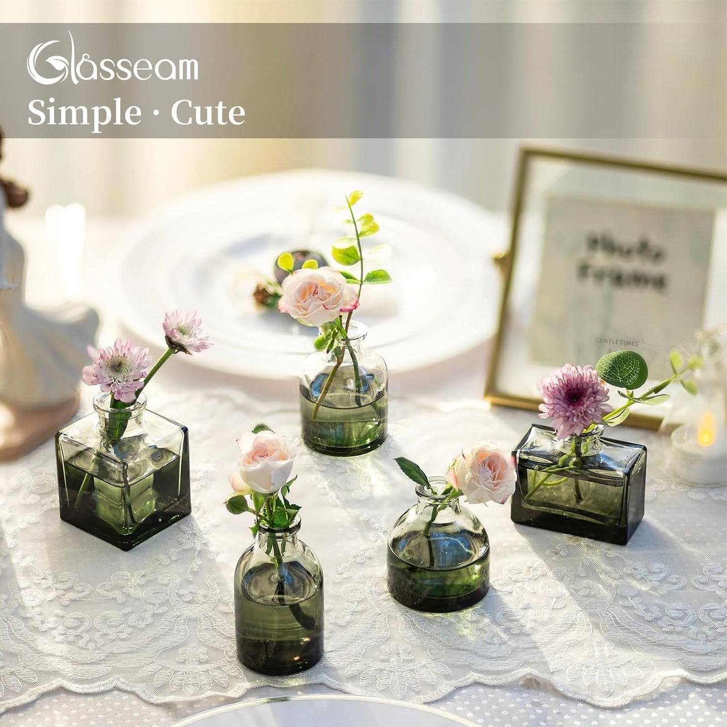 Glasseam Bud Flower Vases in Bulk: 40 Glass Cute Small Vases for Centerpieces Vintage Mini Wedding Birthday Party Table Centerpieces Tiny Baby Shower Dining Room Decoration Green