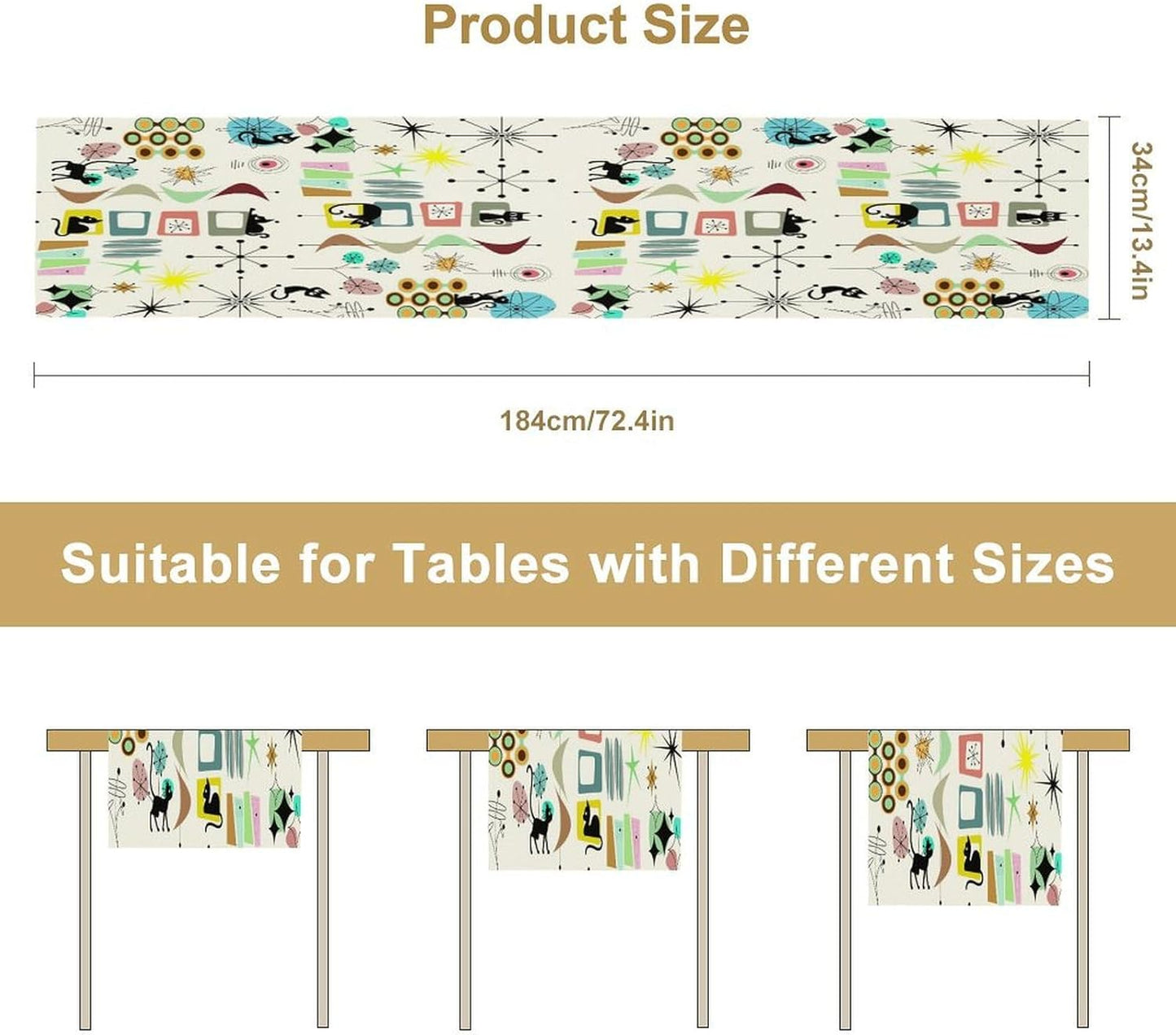 Colorful Geometric Table Runner,Vintage Mid Century Cute Cat Abstract Morden Print Tablecloth Burlap for Hotel Indoors Outdoor Dining Room Kitchen Home Decor, 13x108in