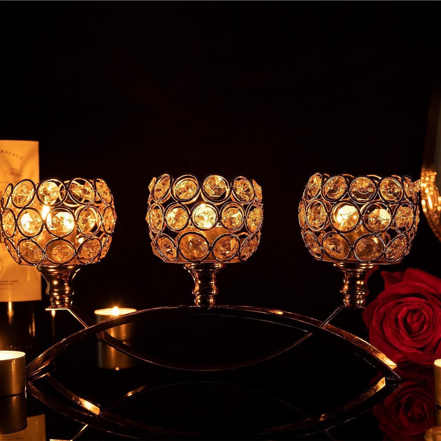 4Set Gold Crystal Candle Holders Decorative Candelabra for Wedding Centerpiece,Metal 3 Arms Candlesticks Holder Stand for Dining Table Living Room Home Decor, Party, Anniversary,Halloween,Christmas