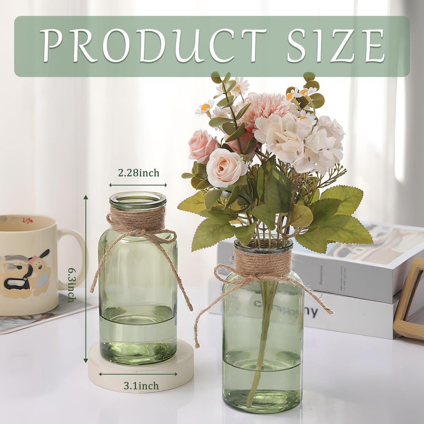 Green Glass Flower Vases for Centerpieces Set of 12, Mason Jars Boho Cylinder Bud Vases in Bulk, for Weddings Parties Vintage Home Decor