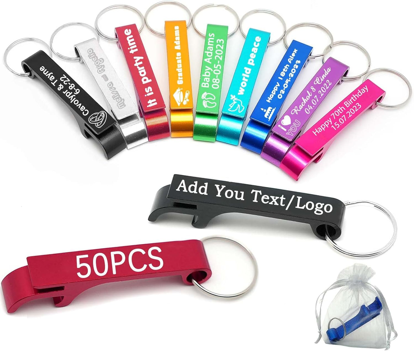 50pcs Personalized Bottle Opener Keychain Bulk Custom Engraved Text/Logo Keychains Customized Beer Bottle Opener for Bar, Graduation,Party,Wedding Favors Gift (50pcs)
