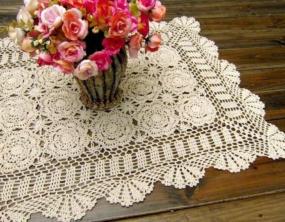 Cotton Handmade Crochet lace Table Runners Rectangular Tablecloth Doilies Doily Table Dresser Scarf Décor,19x27Inch,Beige