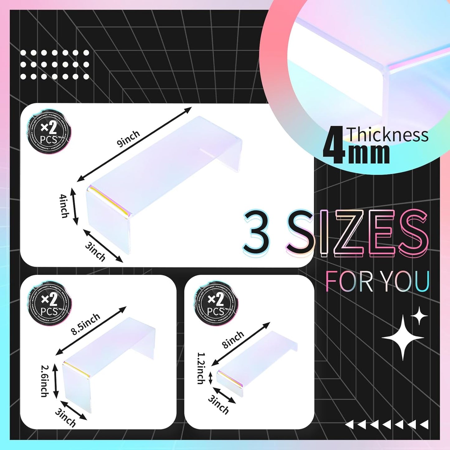 Iridescent Acrylic Display Risers, 6pcs Rainbow Display Stand Rectangular Stands Showcase Transparent Display Shelf for Dessert Cupcake Collectibles Figures Jewelry Perfume