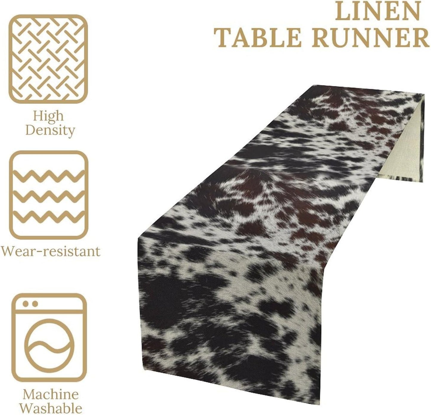 Cow Print Table Runner, Country Farm Animal Fur Skin Pattern Western Style Black Brown Cowhide Print Dinner Runner for Home Kitchen Dining Home Setting, 13x60 Inch